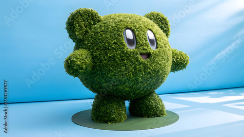 Cute green topiary character made of lush leaves with happy face on blue background, eco friendly creative sculpture
