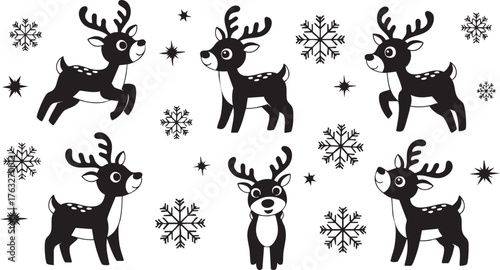Charming black and white reindeer and snowflake pattern, perfect for festive holiday decorations and joyful winter designs.