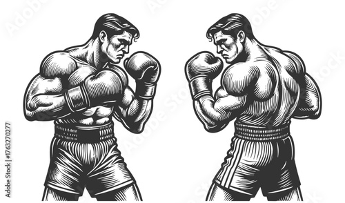 focused boxer in a fighting stance, highlighting power, discipline, and vintage athleticism sketch engraving generative ai fictional character vector illustration. Scratch board. Black and white image