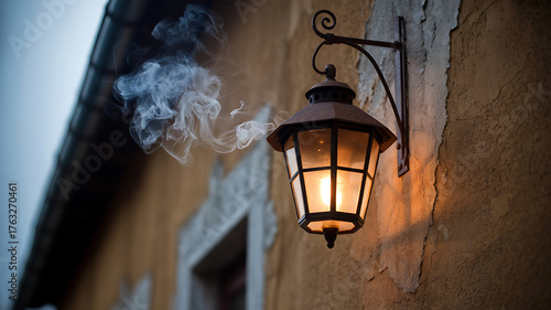 Warm glowing lantern casts inviting light on textured wall with wisps of smoke