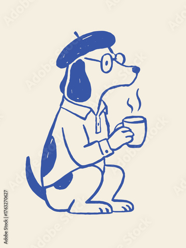 Dog in beret drinking coffee minimalist sketch vector illustration