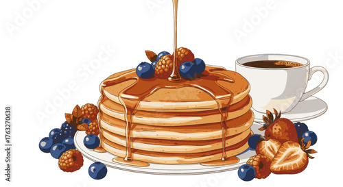 Delicious Stack of Pancakes with Fresh Berries and Coffee, a Perfect Breakfast Treat