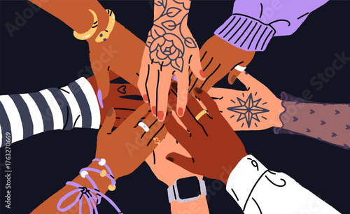 Female team, women group puts their hands on each other top view. Concept of unity, support and teamwork. Palms of girls in circle. Sisterhood, feminism movement. Flat isolated vector illustration