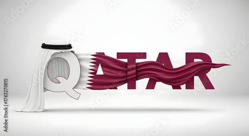 Creative Qatar Typography Design with National Flag Colors and Traditional Arabic Headscarf.