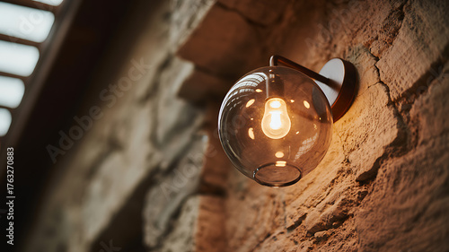 Warm glowing modern wall lamp illuminates rustic stone wall, creating cozy ambiance