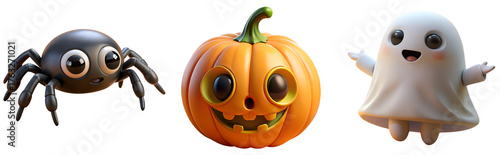 3D Halloween Icon Set. Cute Cartoon Ghost, Pumpkin Jack-o'-lantern, and Spider. Perfect for seasonal design, greeting cards, social media, mobile apps, game assets. Transparent  background.