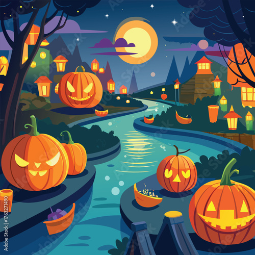 Spooky Halloween night with glowing jack o lanterns by a river