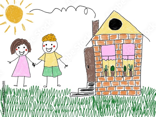 Girl and boy near the house drawing like children picture doodle pencil art colorful 