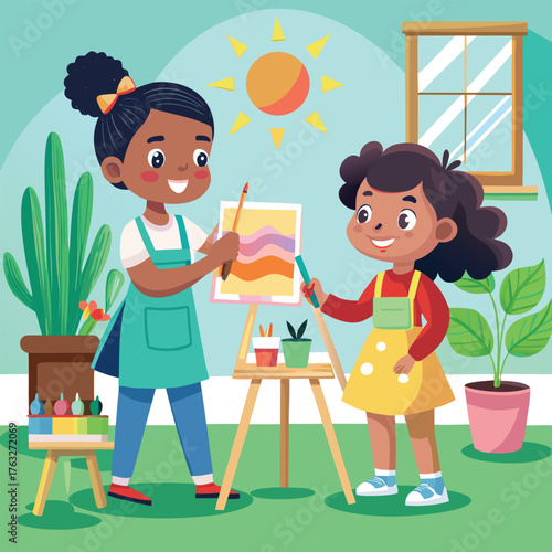 Two girls painting a colorful picture on an easel outdoors