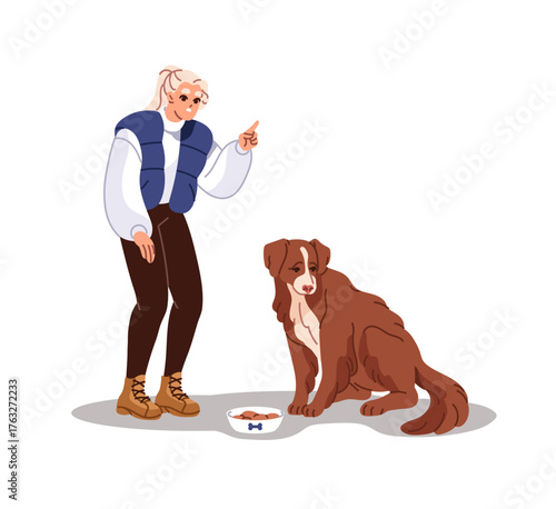 Owner is scolding the dog for bad, unwanted behavior. Girl teaches her puppy the obedience. Woman is gesturing and training pet, domestic animal. Flat isolated vector illustration on white background
