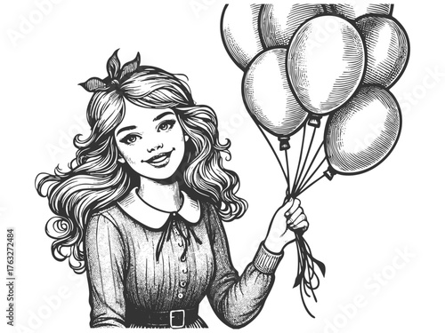 cheerful young woman with wavy hair holding a bunch of balloons and smiling warmly sketch engraving generative ai fictional character vector illustration. Scratch board imitation. Black and white.
