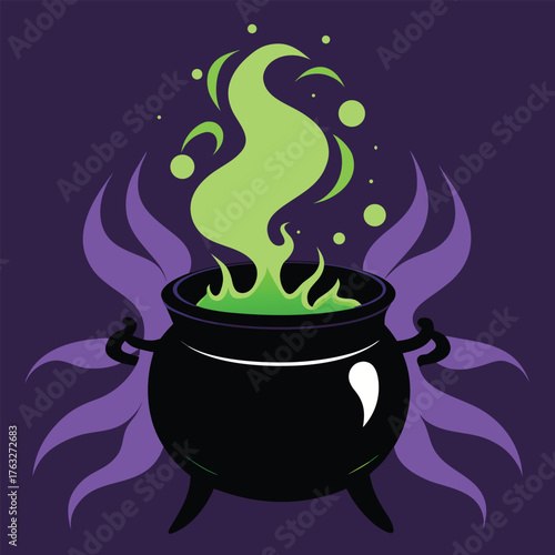 Black cauldron with green bubbling potion and purple decorative elements