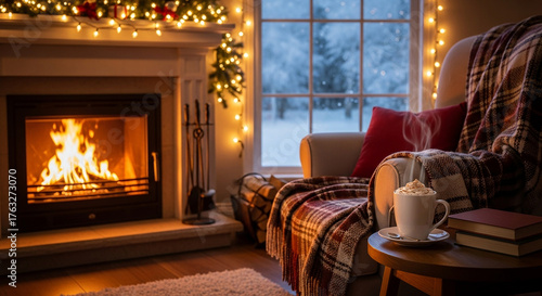 Cozy winter interior with a burning fireplace, glowing lights and Christmas decorations