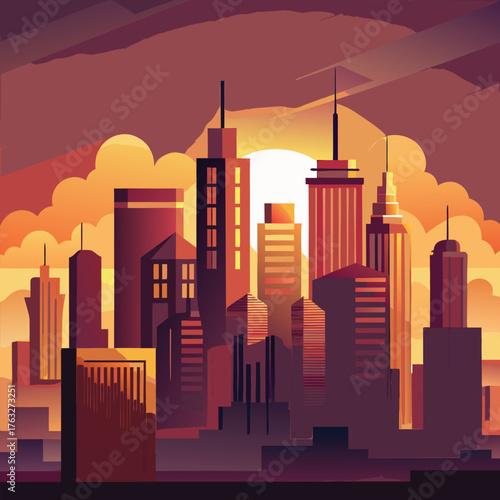 City skyline at sunset with warm orange and purple hues