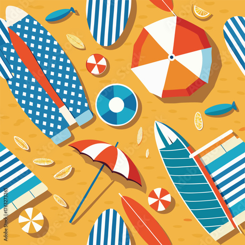 Beach scene with surfboards umbrellas and towels summer