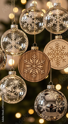 Christmas ornaments with snowflake engravings in a joyful mood on a bokeh background