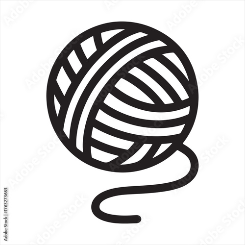 Simple black and white line art illustration of a ball of yarn with a trailing thread