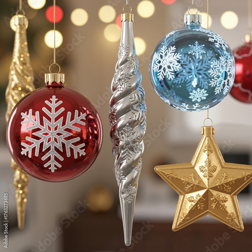 Christmas ornaments with snowflake engravings in a festive mood on a blurry background