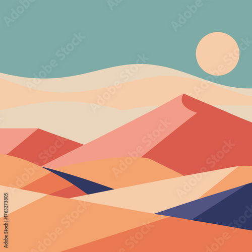 Abstract desert landscape with sun and dunes sand
