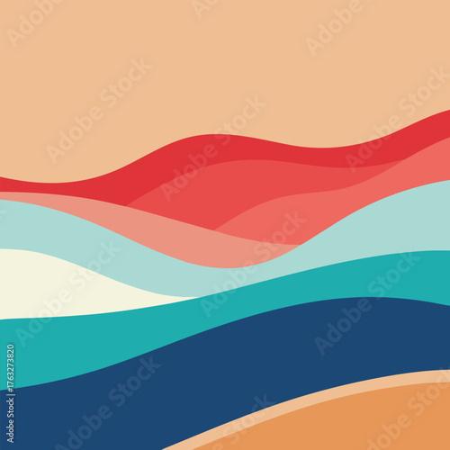 Abstract wavy layers of coral red teal and navy blue