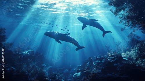 Two Whales Gracefully Swim in the Deep Blue Ocean with Sun Rays