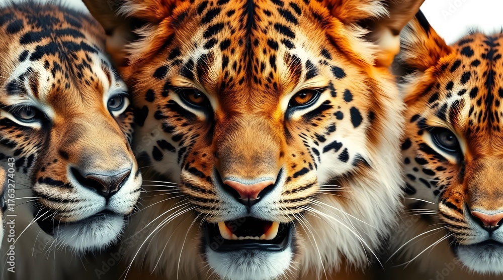 Fototapeta premium Close up of three jaguars with intense gaze and spotted fur patterns in a striking composition