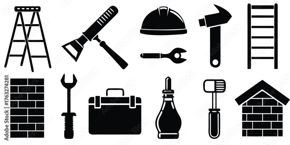 Obraz premium Collection of black and white silhouettes of construction tools and building elements