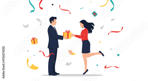 Man gives woman a gift box with confetti celebration.