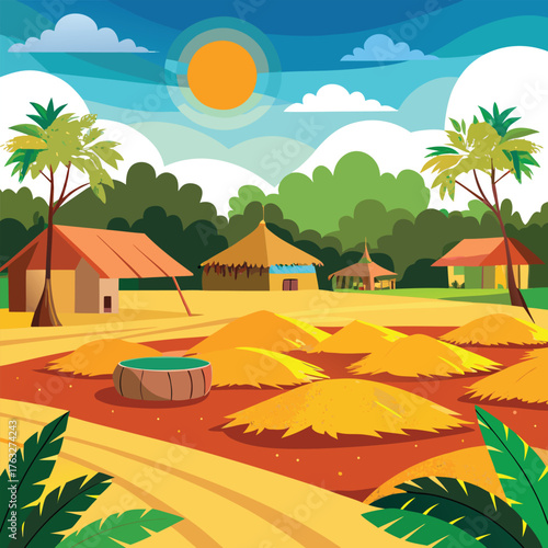 Tropical village with thatched huts and haystacks thatched roof