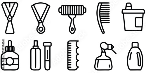 Collection of professional hairdressing and barber tools icons isolated on white background