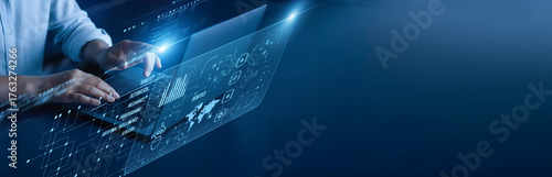 Robotics network connection concept. Automation engineer hand working on laptop computer with graphical mechanical design control system motion programming industrial technology interface.