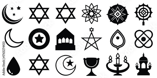 Collection of religious symbols and icons representing diverse faiths and spirituality