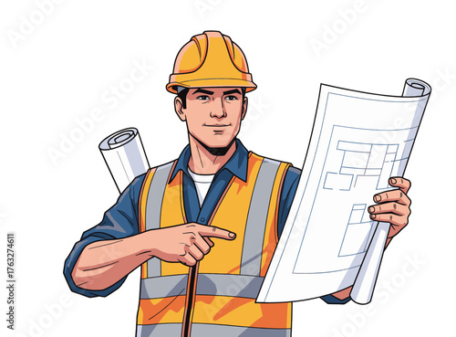 Construction worker in hard hat and safety vest examining blueprints for a building project