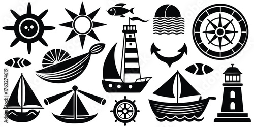 Nautical themed silhouette collection featuring lighthouses sailboats anchors and compass rose