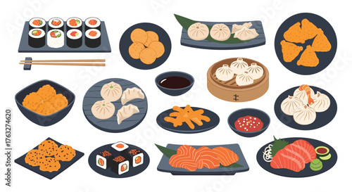 Assortment of Delicious Asian Cuisine Dishes on Plates.