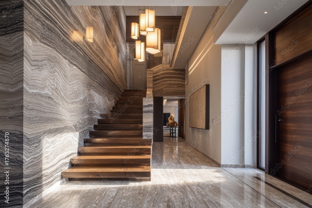 Fototapeta premium Modern luxury hallway with wooden stairs and marble walls.