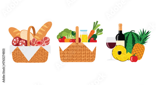 Three Picnic Baskets Filled With Food and Drinks For Outdoor Enjoyment.