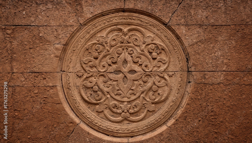 Obraz premium Ornamental Stone Circle with Floral Elements Textured Surface Composition.