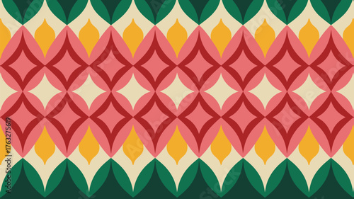 Colorful retro pattern with repeating diamond and teardrop shapes in green yellow and pink hues