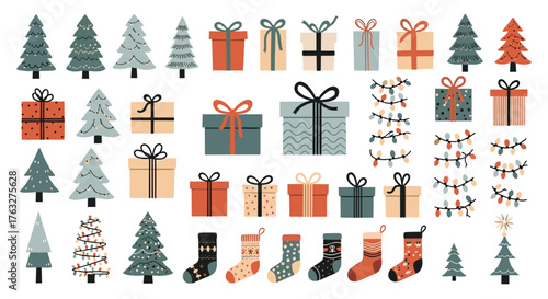 Festive Christmas Trees, Gifts, Lights, and Stockings Collection.