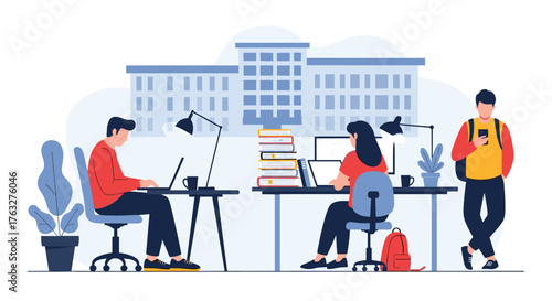 Students Studying on Campus with Building Background.