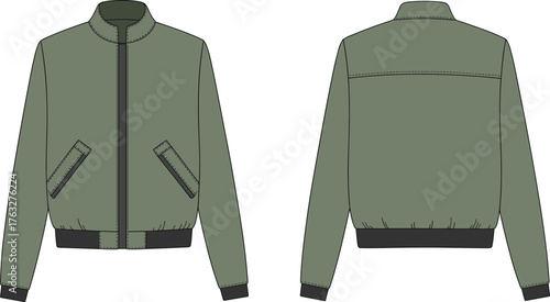 Bomber jacket vector illustration, front and back view, fashion CAD drawing, long sleeve zip design with ribbed cuffs, stylish apparel flat sketch