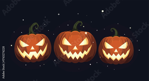 Three glowing carved Halloween pumpkins with spooky faces.