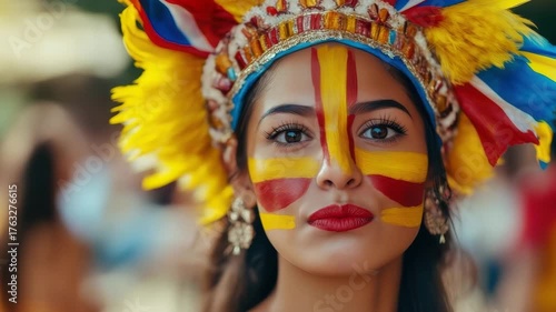 Brazilian dancer smiling with colorful face paint and headdress at carnival