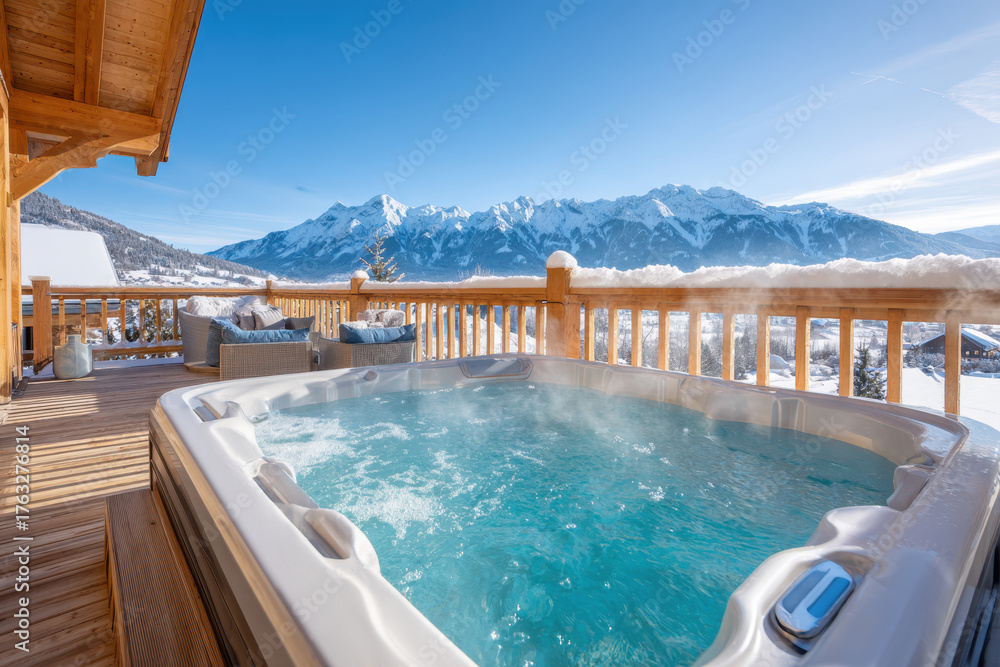 Fototapeta premium Serene hot tub with mountain view in winter