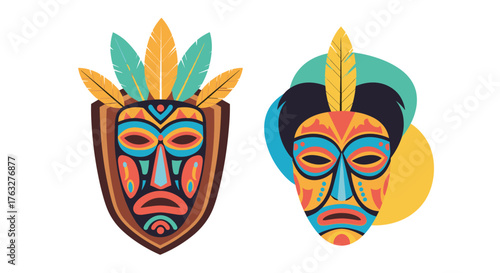 Set of two colorful ethnic tribal masks with feathers and patterns.