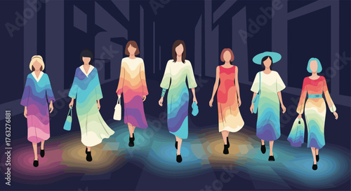 A group of fashionable women walking in vibrant glowing gradient dresses.