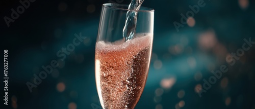 Pouring Rose Champagne into Glass for Celebration Close Up Bokeh Background Festive Drink Luxury