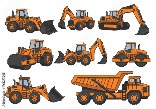 A collection of orange heavy construction machinery illustrations, including loaders, an excavator, a road roller, and a dump truck.