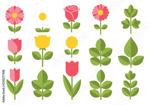 A collection of colorful flat design vector flowers and leaves, including roses, tulips, and daisies, shown as complete plants and separate parts.